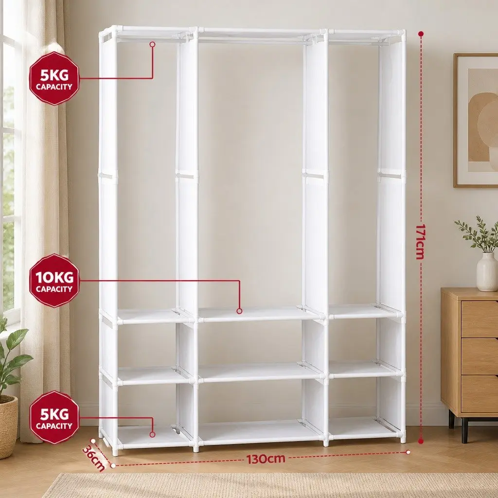 Large Portable Clothes Wardrobe Storage Organizer 130 x 36 x 171 cm White