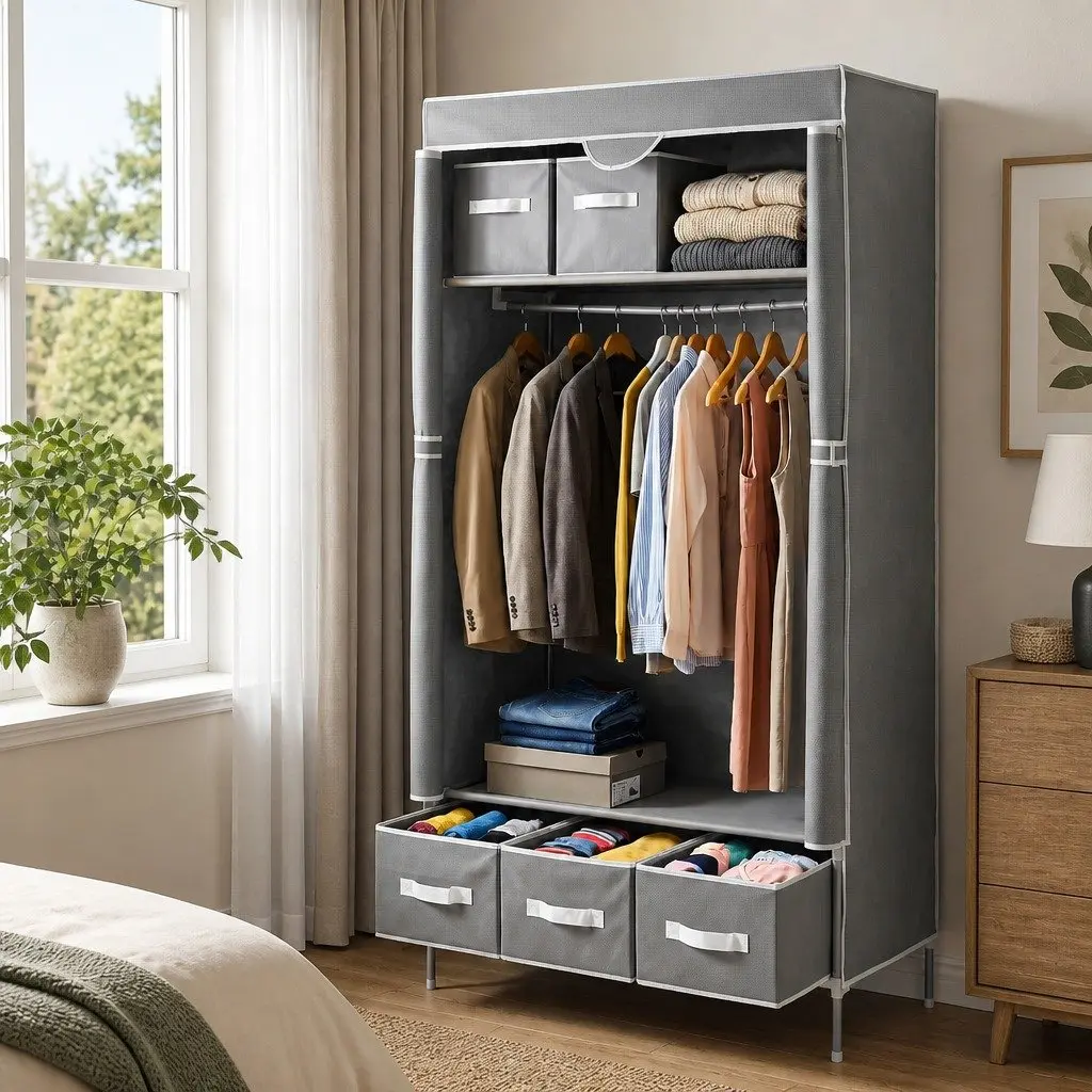 Large Portable Clothes Closet Wardrobe Storage Organiser Grey with Drawers
