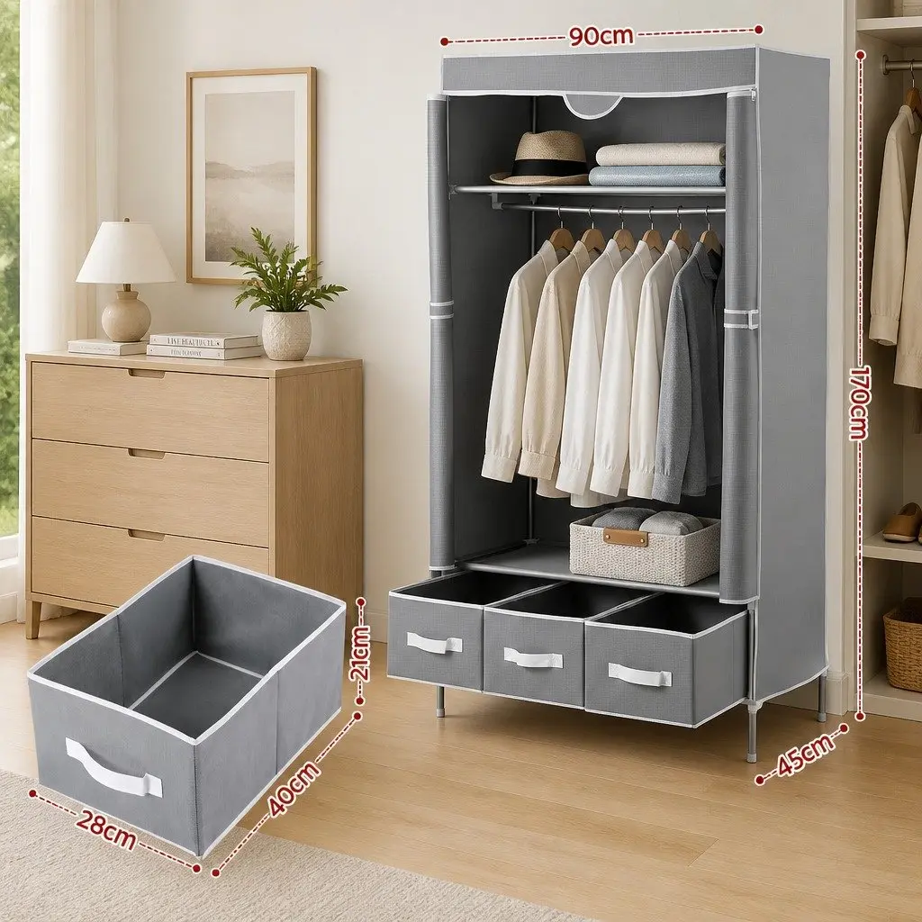 Large Portable Clothes Closet Wardrobe Storage Organiser Grey with Drawers