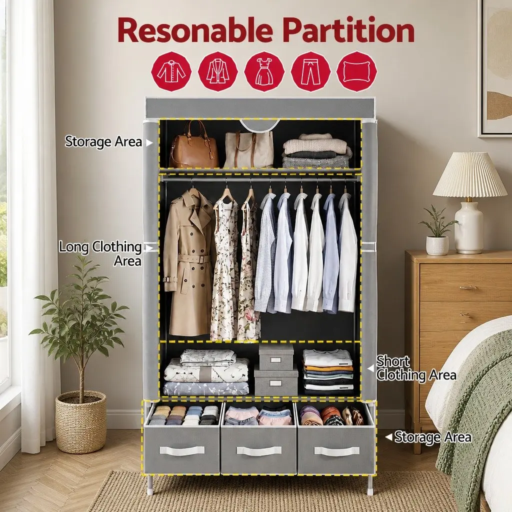 Large Portable Clothes Closet Wardrobe Storage Organiser Grey with Drawers