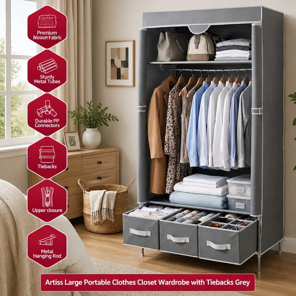 Large Portable Clothes Closet Wardrobe Storage Organiser Grey with Drawers