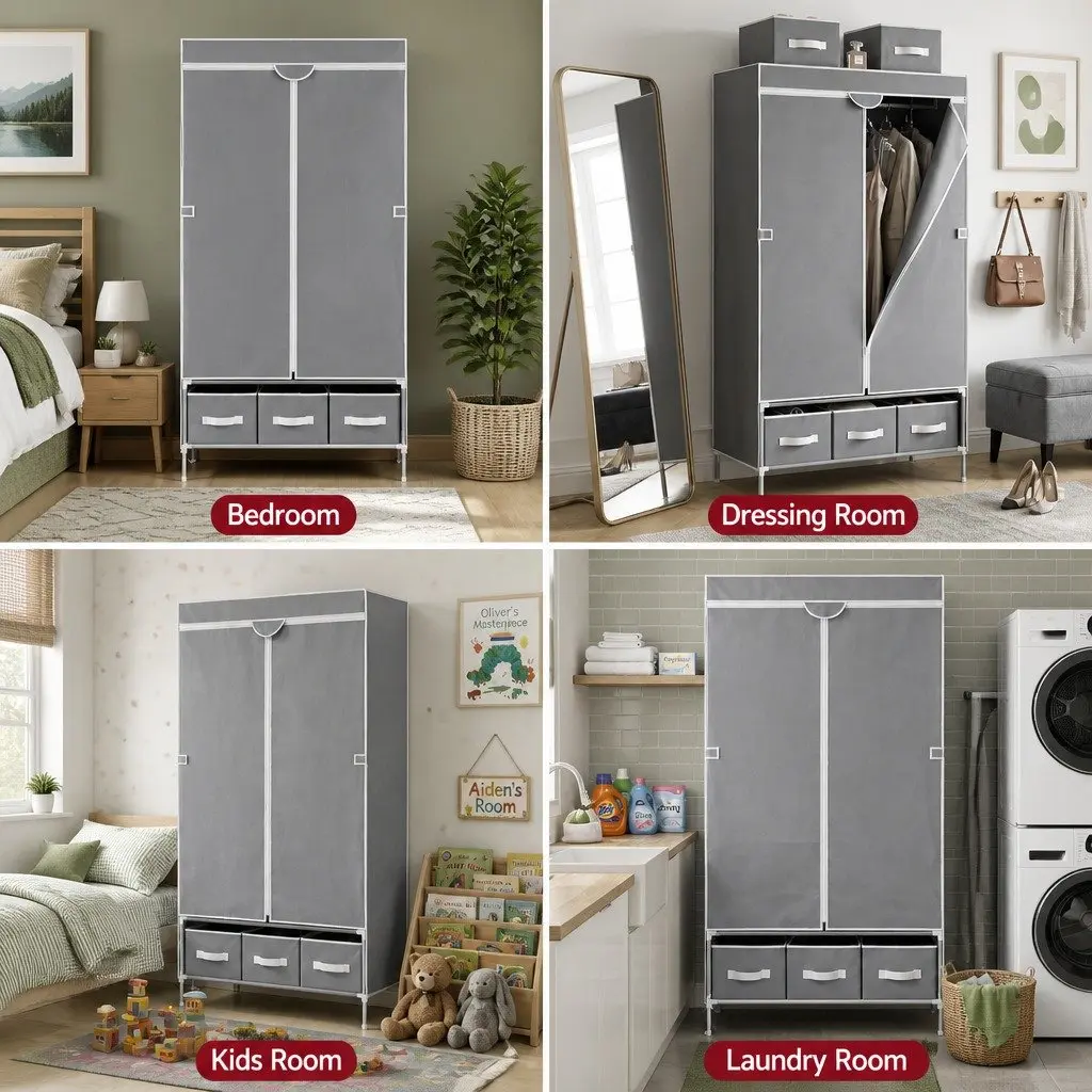 Large Portable Clothes Closet Wardrobe Storage Organiser Grey with Drawers