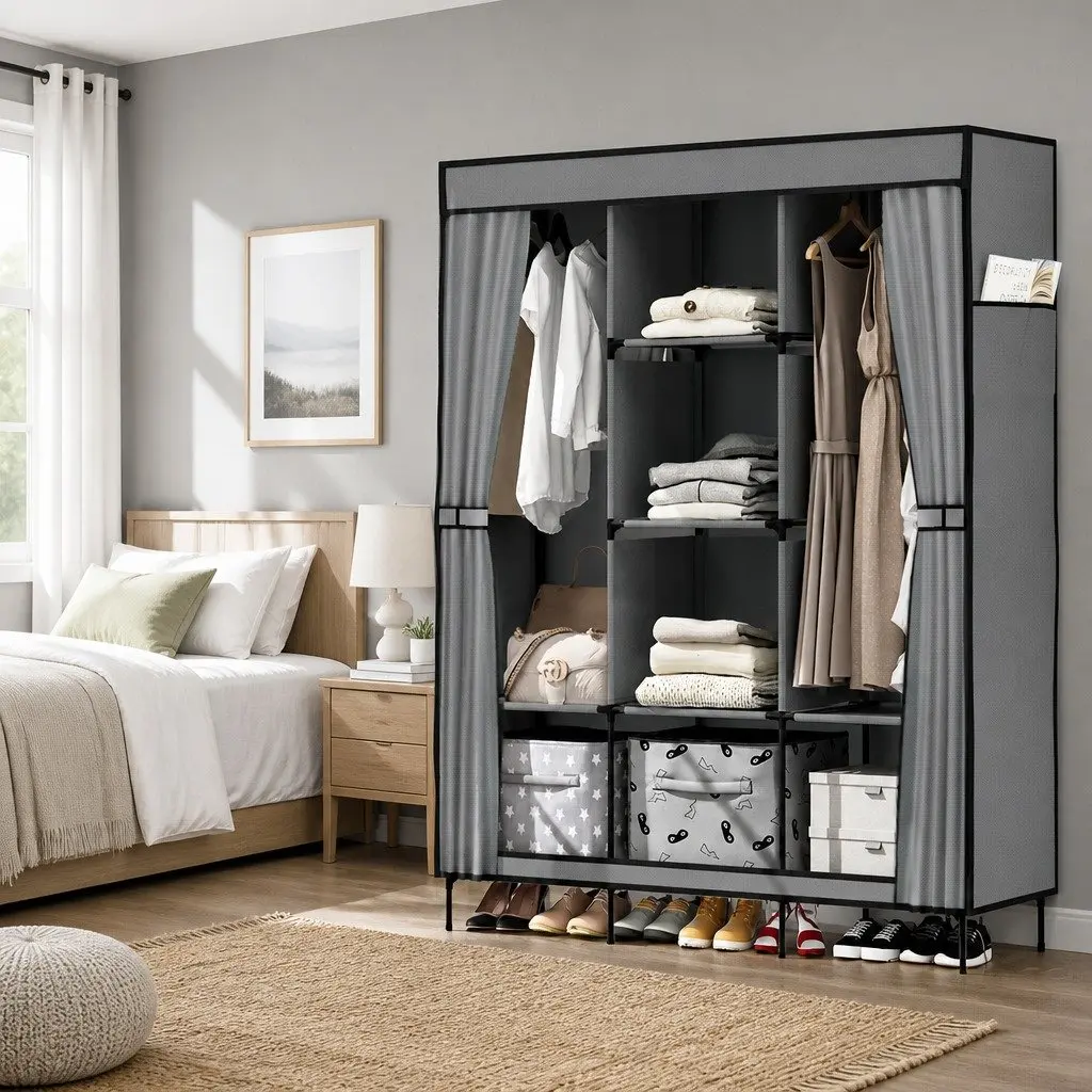 Large Portable Wardrobe Closet Grey Storage Cabinet Organiser 124x42x173 cm