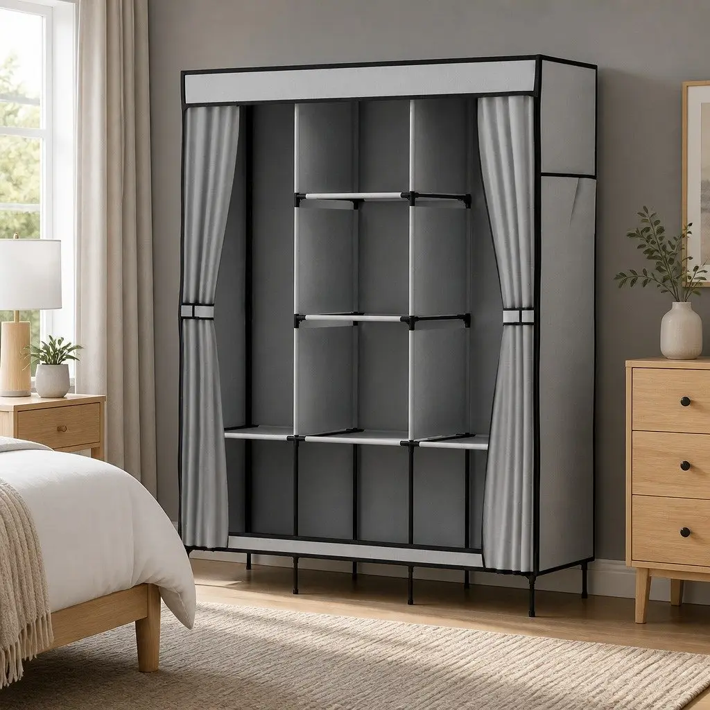 Large Portable Wardrobe Closet Grey Storage Cabinet Organiser 124x42x173 cm
