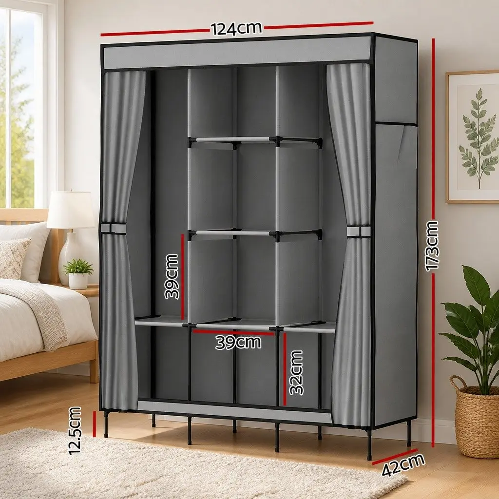Large Portable Wardrobe Closet Grey Storage Cabinet Organiser 124x42x173 cm