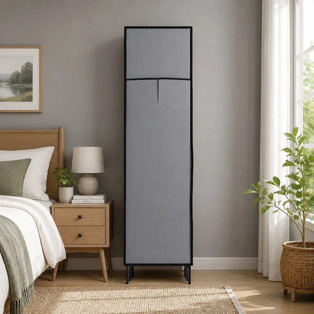 Large Portable Wardrobe Closet Grey Storage Cabinet Organiser 124x42x173 cm