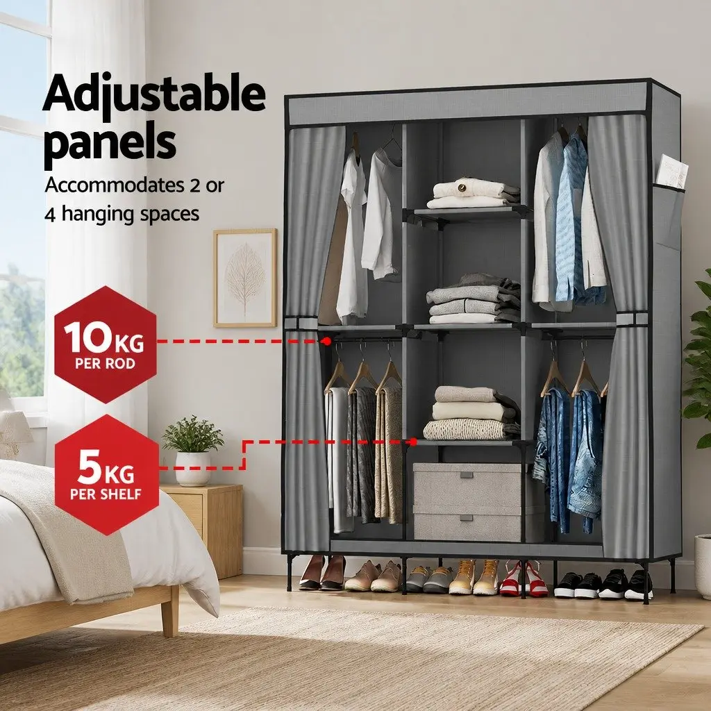 Large Portable Wardrobe Closet Grey Storage Cabinet Organiser 124x42x173 cm