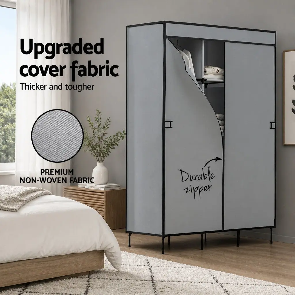 Large Portable Wardrobe Closet Grey Storage Cabinet Organiser 124x42x173 cm