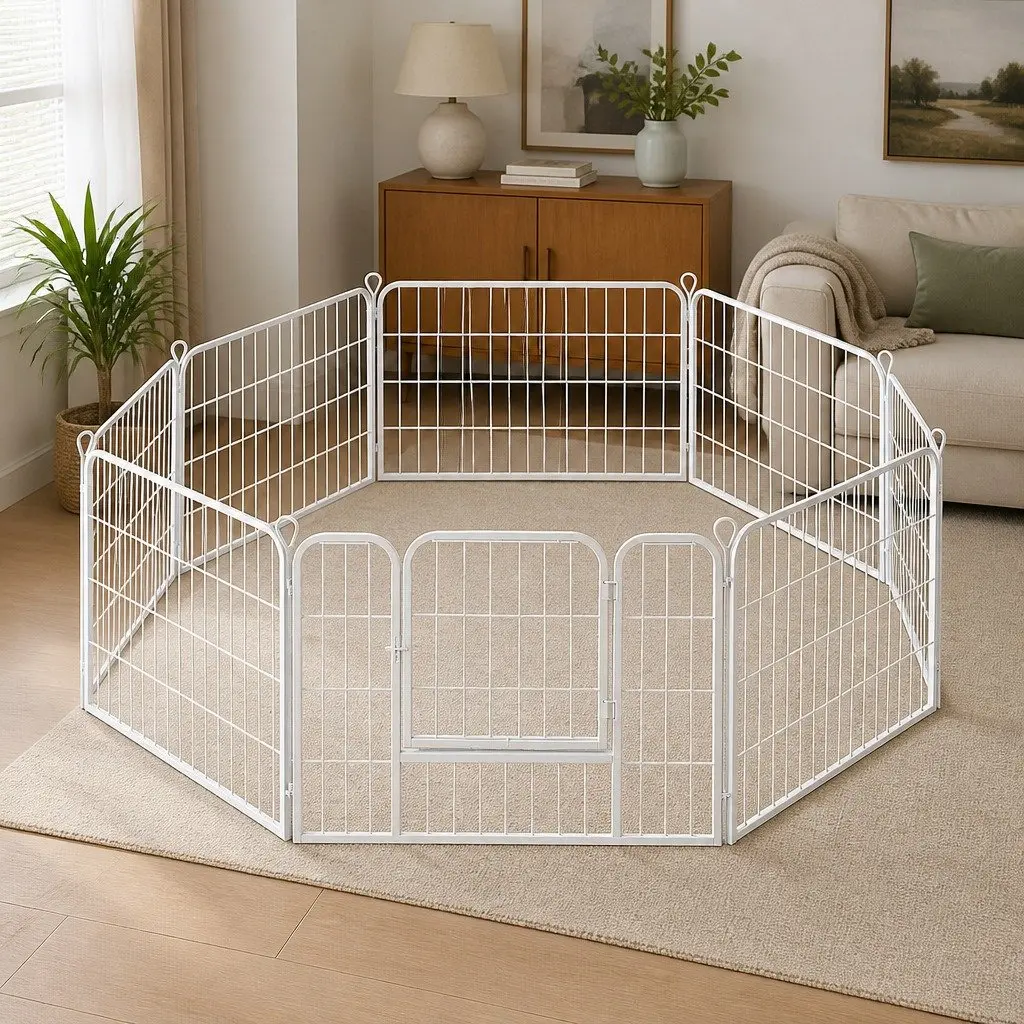8 Panel Pet Playpen Portable Exercise Pen Foldable White 80cm x 60cm