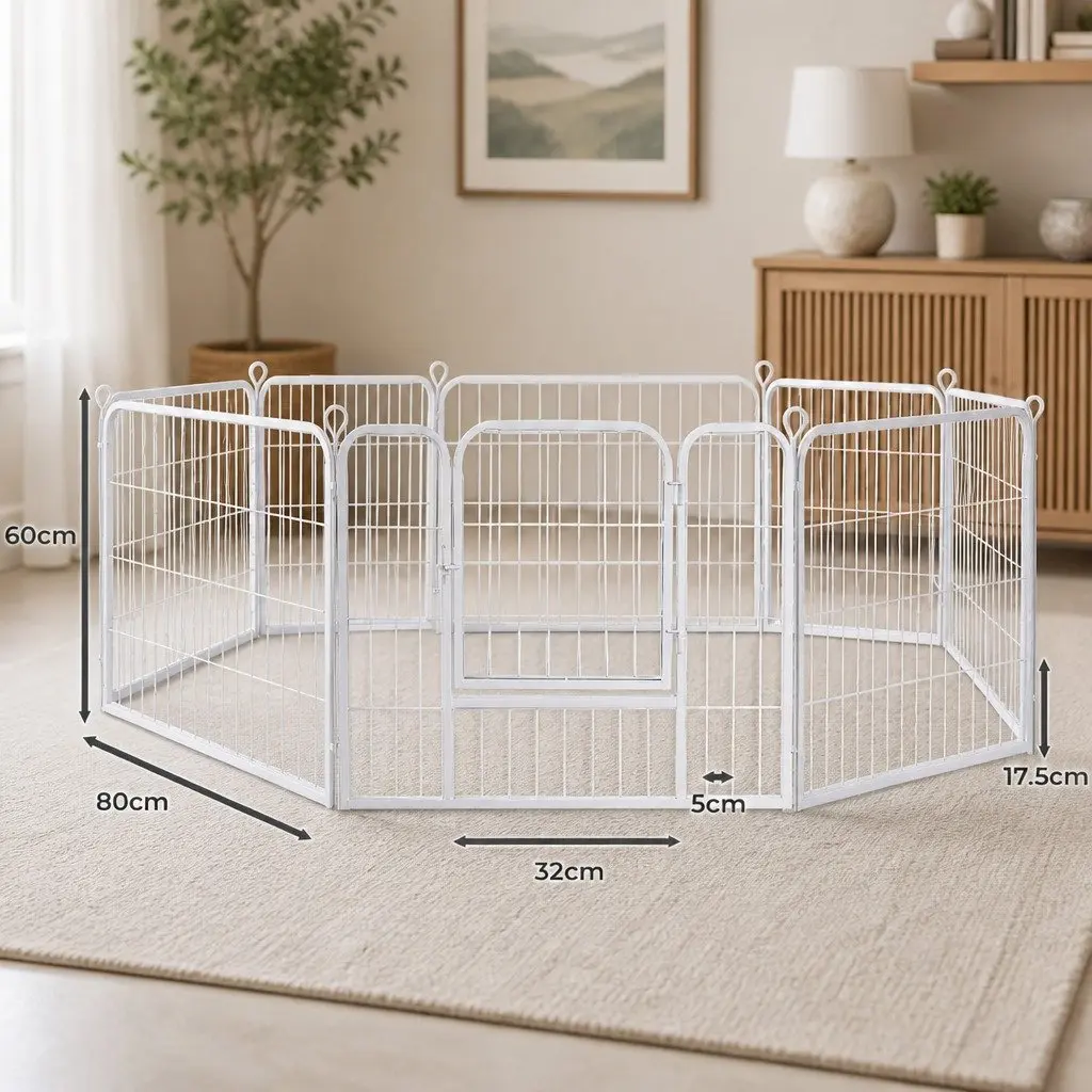 8 Panel Pet Playpen Portable Exercise Pen Foldable White 80cm x 60cm