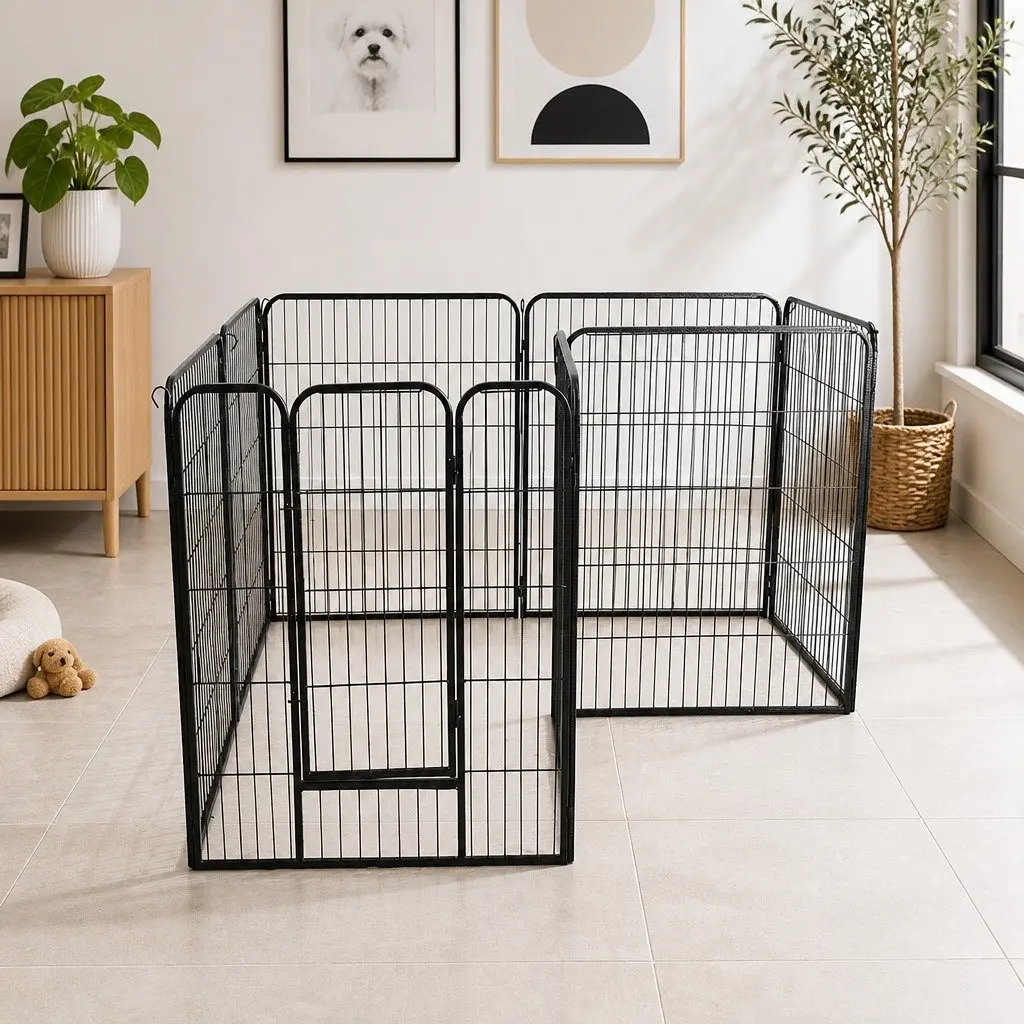 8 Panel Pet Playpen Dog Exercise Pen Portable Foldable Black White