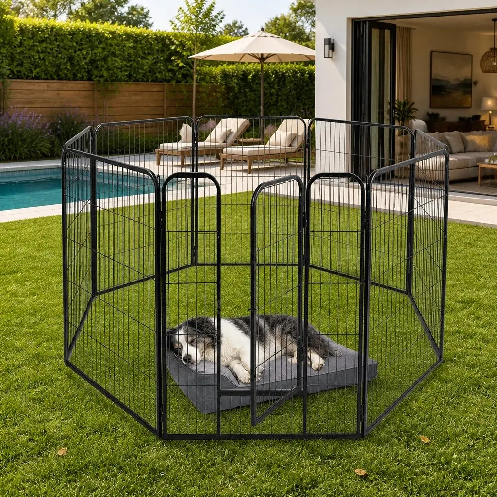8 Panel Pet Playpen Dog Exercise Pen Portable Foldable Black White