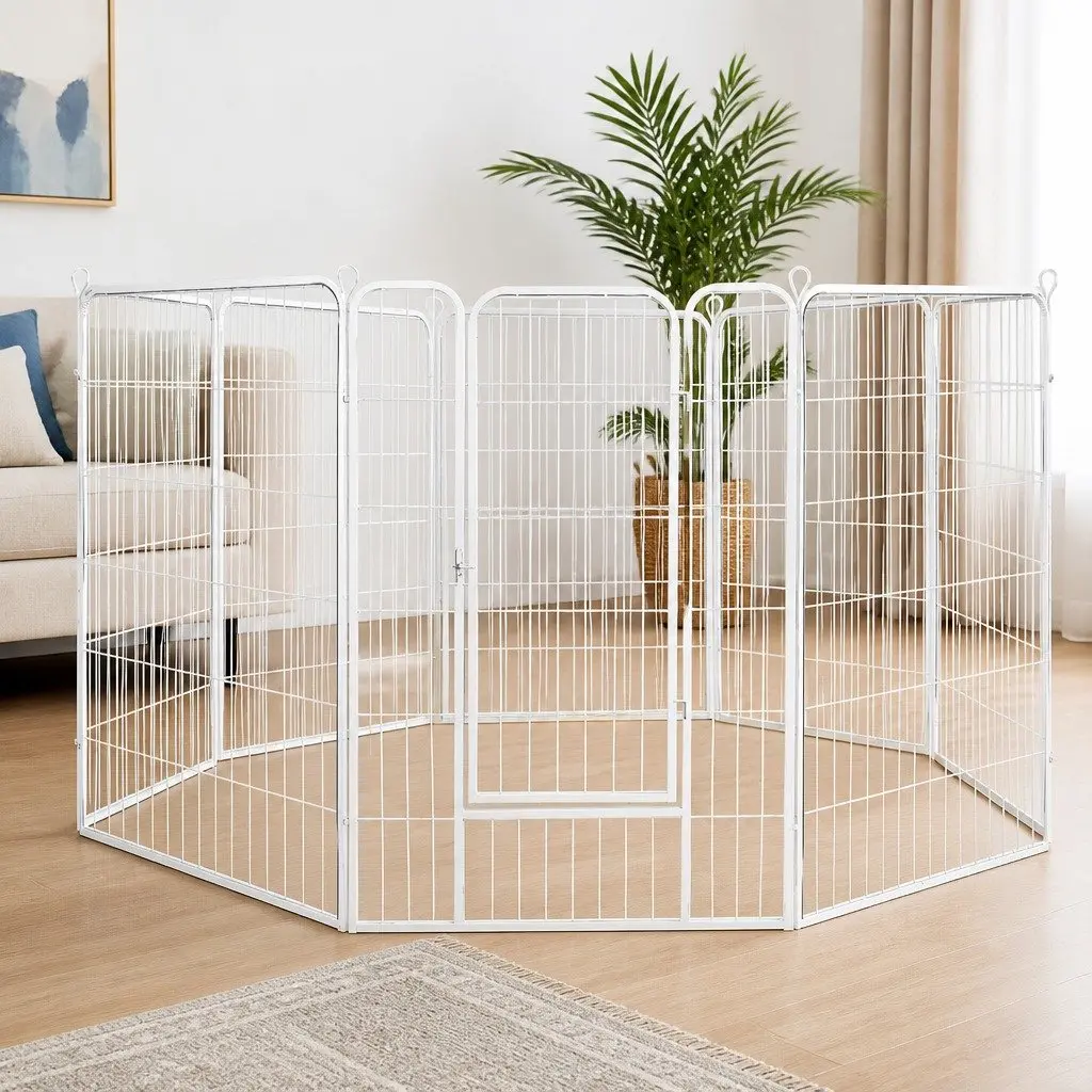 Pet Playpen 8 Panel Foldable Portable Enclosure with Step Through Door White