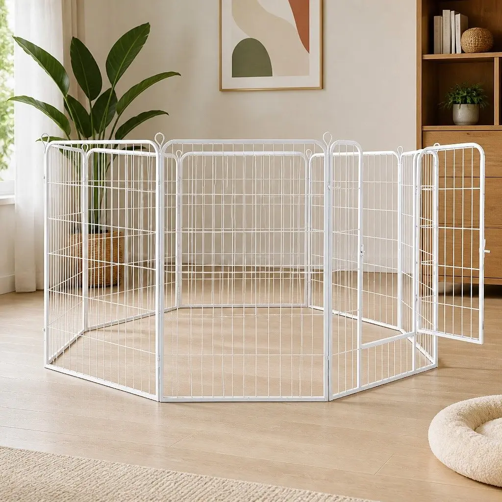 Pet Playpen 8 Panel Foldable Portable Enclosure with Step Through Door White