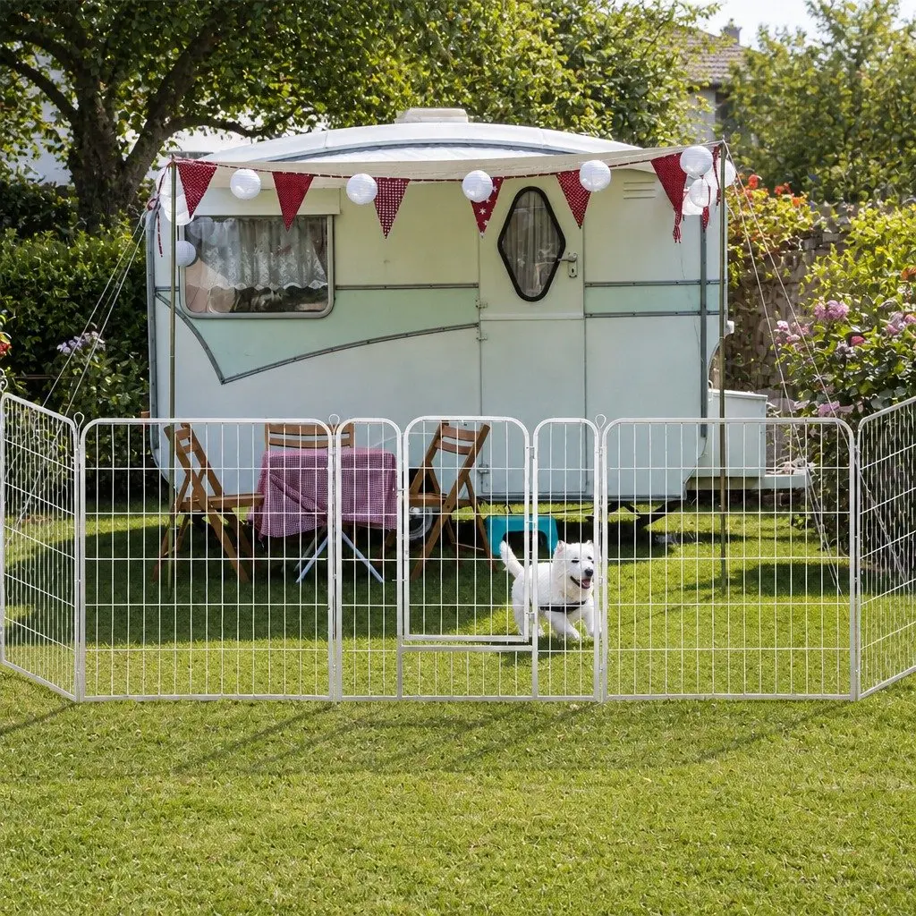 Pet Playpen 8 Panel Foldable Portable Enclosure with Step Through Door White