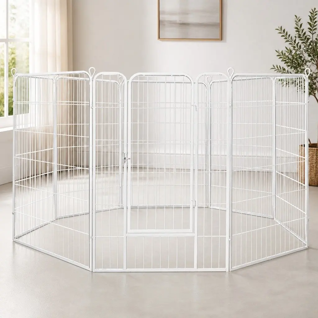 Pet Playpen 8 Panel Portable Puppy Enclosure Foldable Exercise Pen White 80cm x 100cm