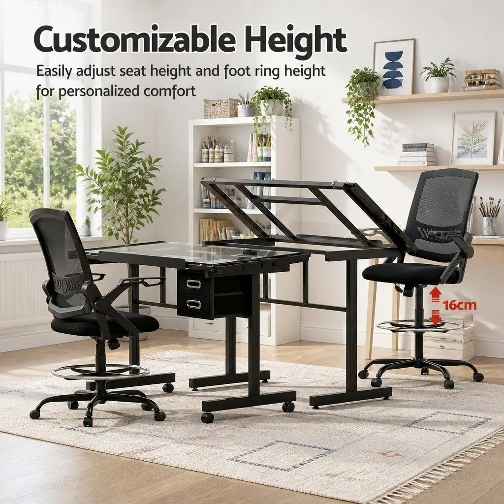 Drawing Table with Ergonomic Office Chair, Drafting Desk Tempered Glass Desktop