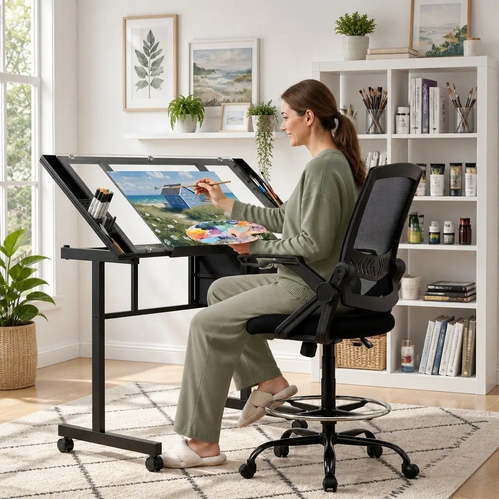 Drawing Table with Ergonomic Office Chair, Drafting Desk Tempered Glass Desktop