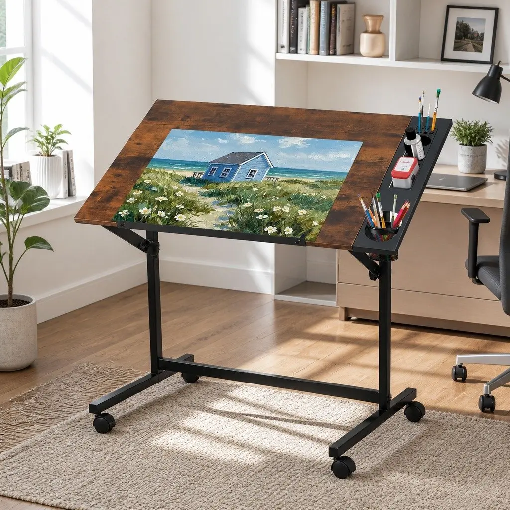 Adjustable Drafting Table Drawing Desk MDF Tabletop Removable Tray Workspace