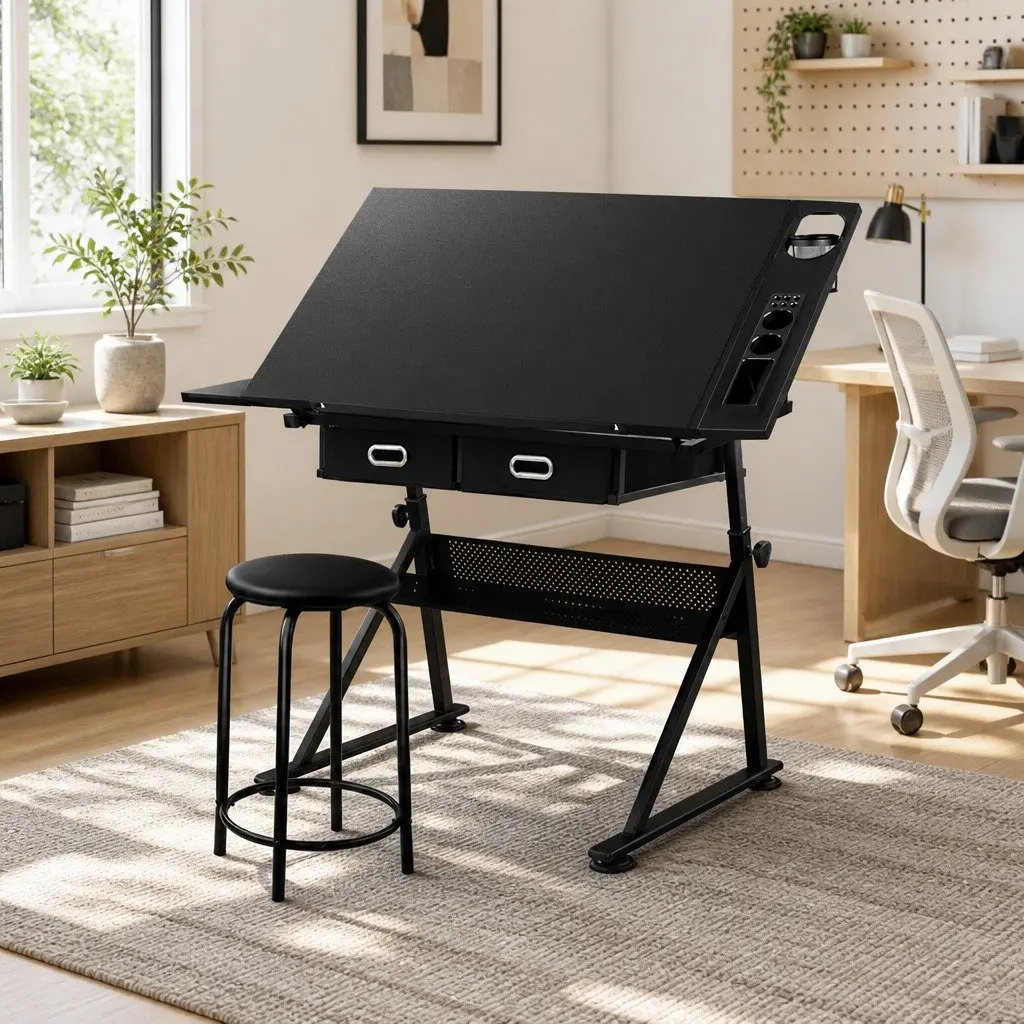 Drawing Desk Stool Set Adjustable Drafting Table Tilt Height Angle Black Studio