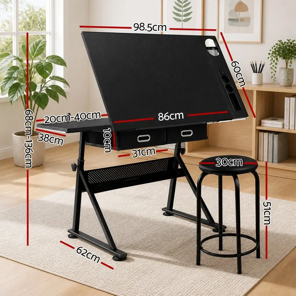 Drawing Desk Stool Set Adjustable Height Tilt Black 120cm W x 60cm D