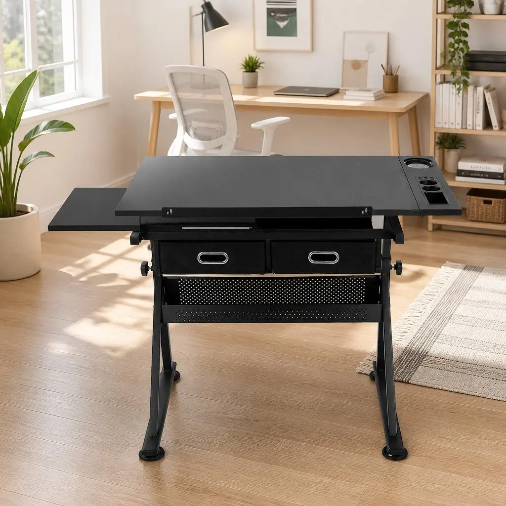 Drawing Desk Stool Set Adjustable Height Tilt Black 120cm W x 60cm D