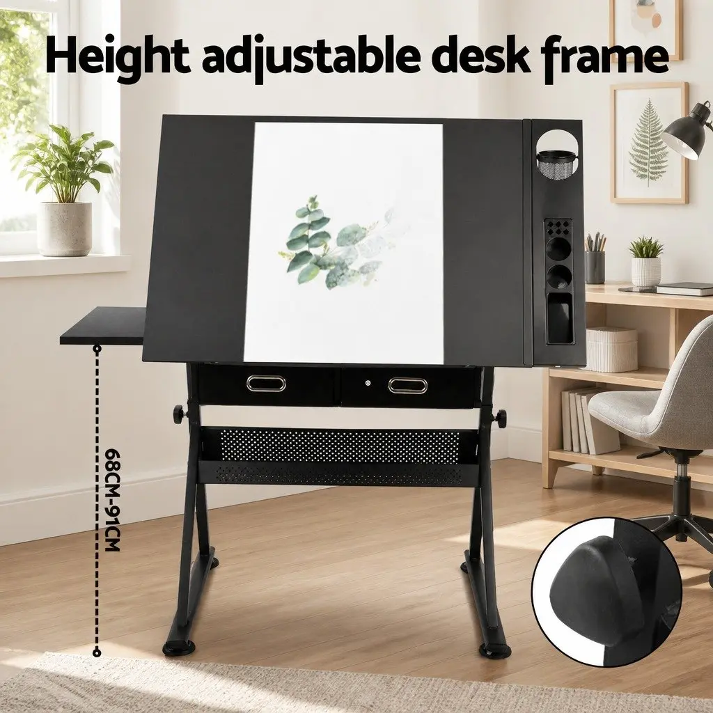 Drawing Desk Stool Set Adjustable Height Tilt Black 120cm W x 60cm D