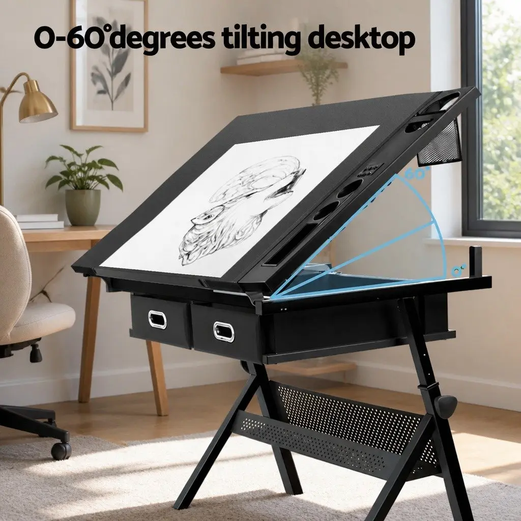 Drawing Desk Stool Set Adjustable Height Tilt Black 120cm W x 60cm D