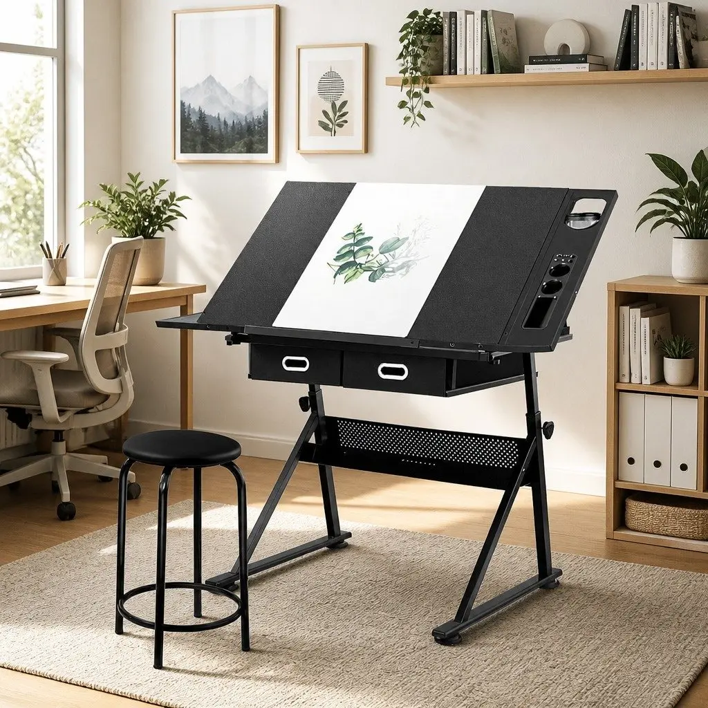 Drawing Desk Stool Set Adjustable Height Tilt Black 120cm W x 60cm D