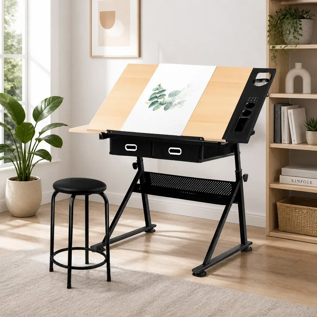 Drafting Table Drawing Desk with Adjustable Tilt Top Stool Set Natural Black