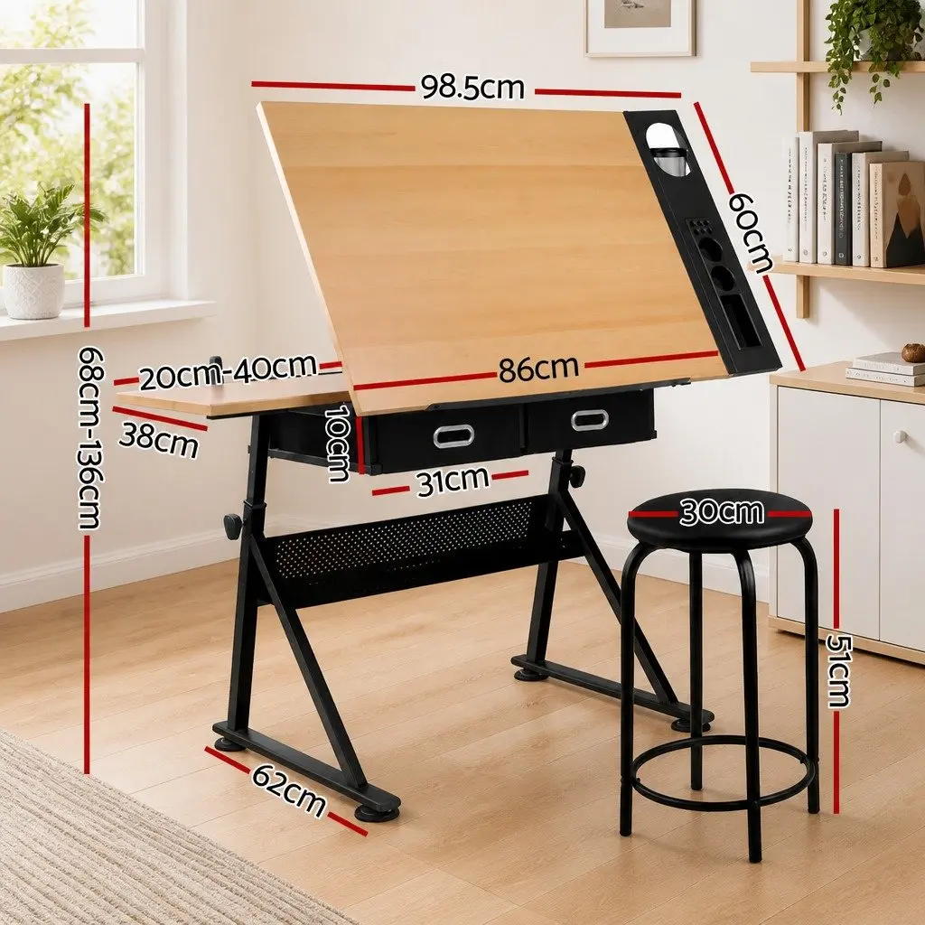 Drafting Table Drawing Desk with Adjustable Tilt Top Stool Set Natural Black