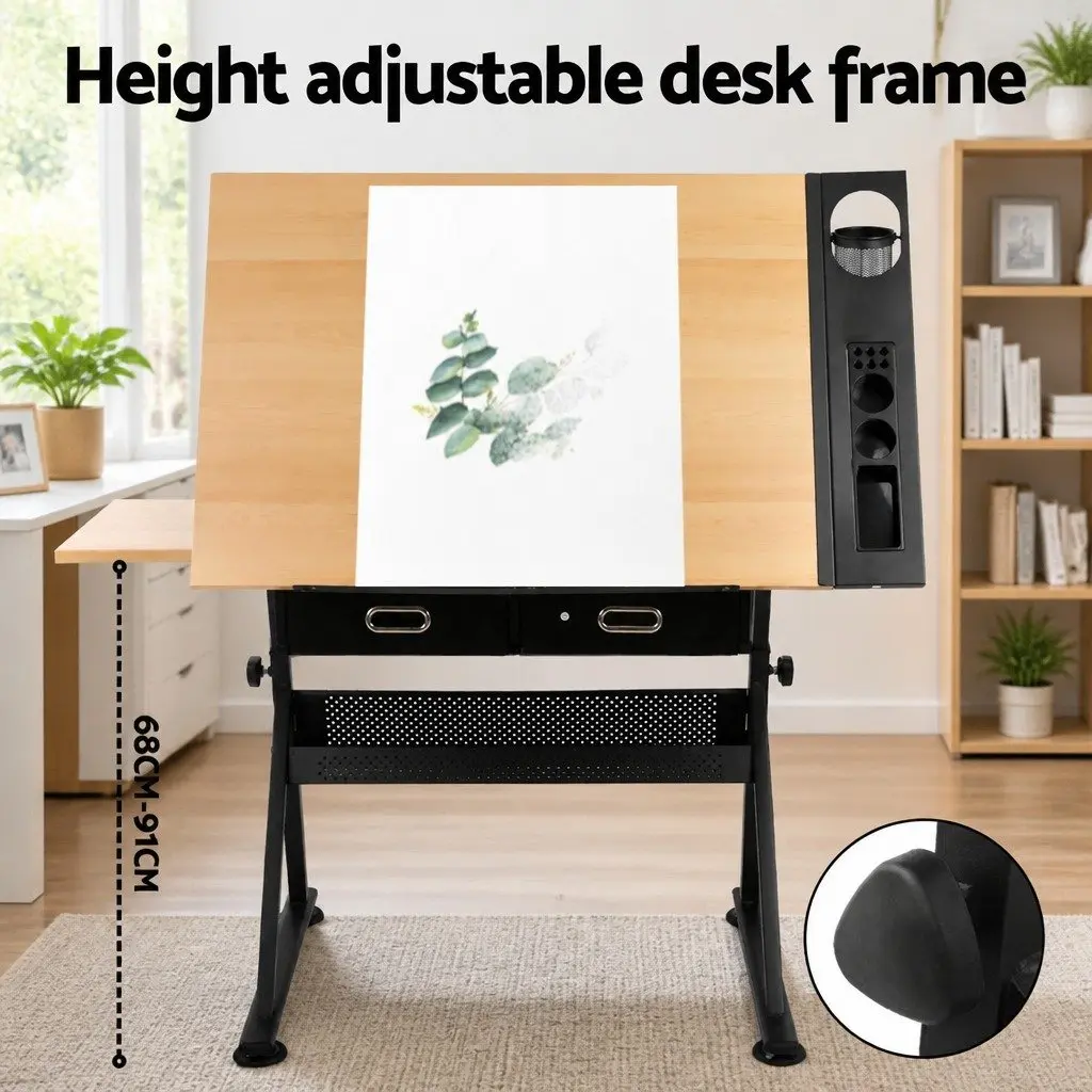 Drafting Table Drawing Desk with Adjustable Tilt Top Stool Set Natural Black