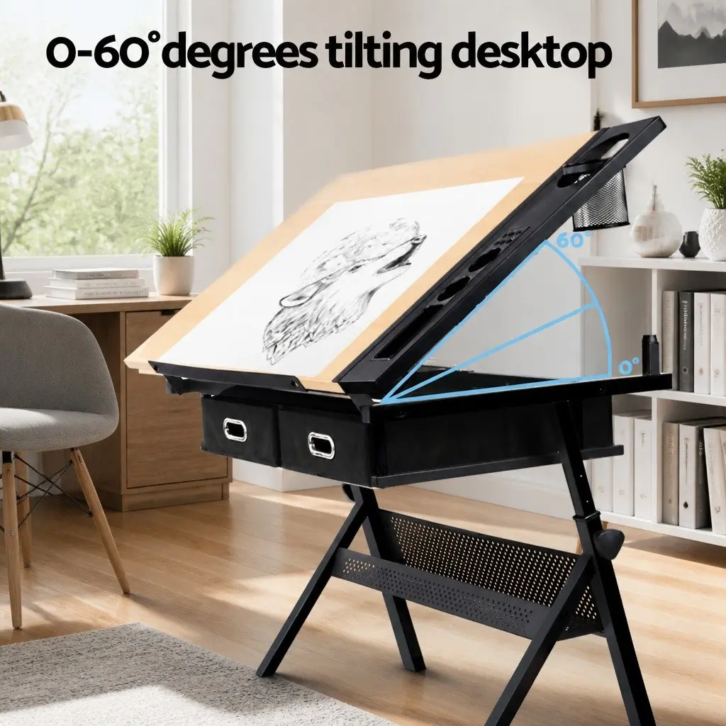 Drafting Table Drawing Desk with Adjustable Tilt Top Stool Set Natural Black