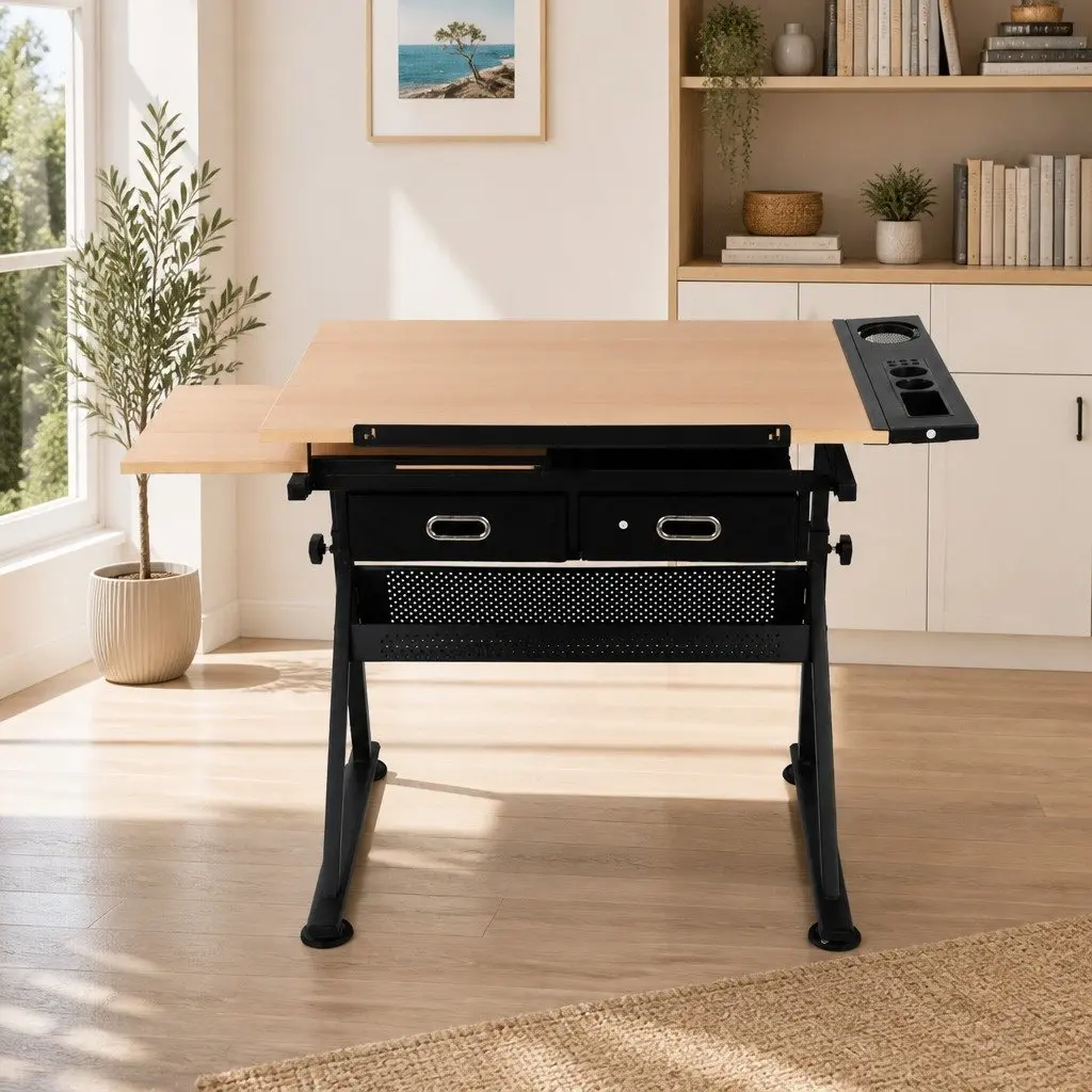 Drafting Table Drawing Desk with Adjustable Tilt Top Stool Set Natural Black