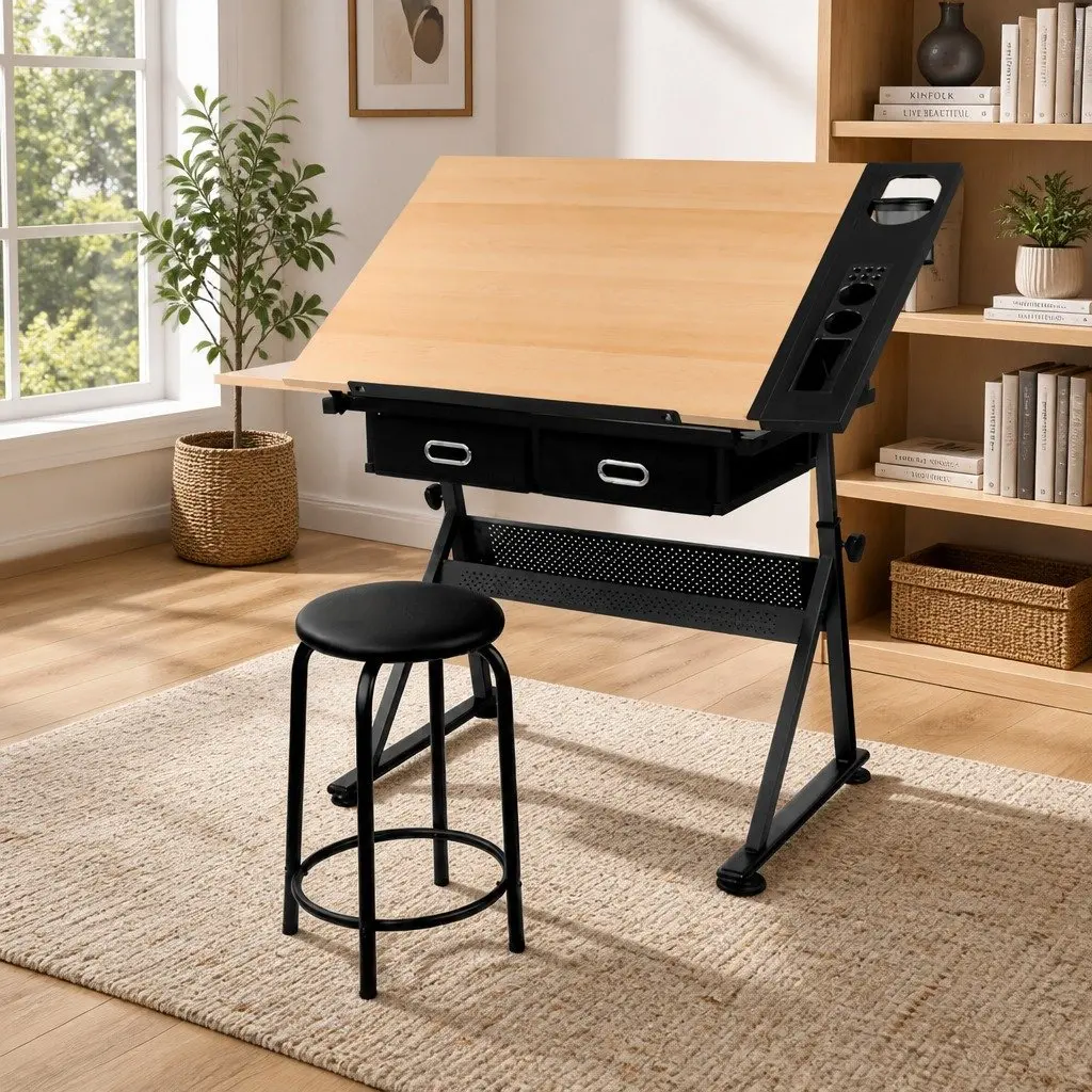 Drafting Table Drawing Desk with Adjustable Tilt Top Stool Set Natural Black