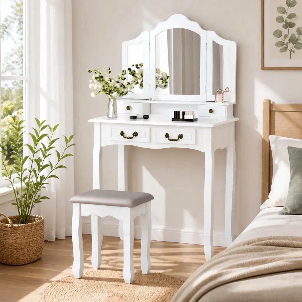 Dressing Table Set Vanity Stool Foldable Mirror 79cm White