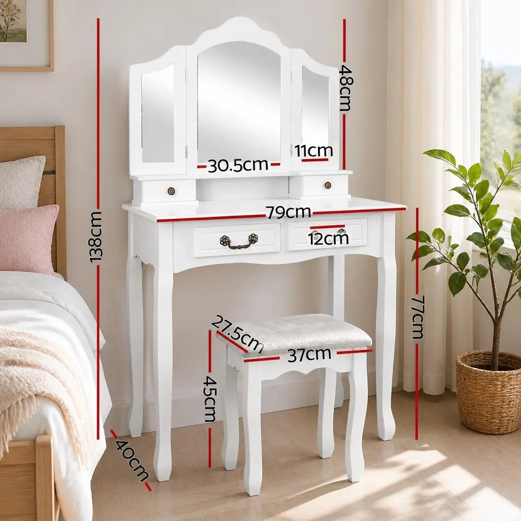 Dressing Table Set Vanity Stool Foldable Mirror 79cm White