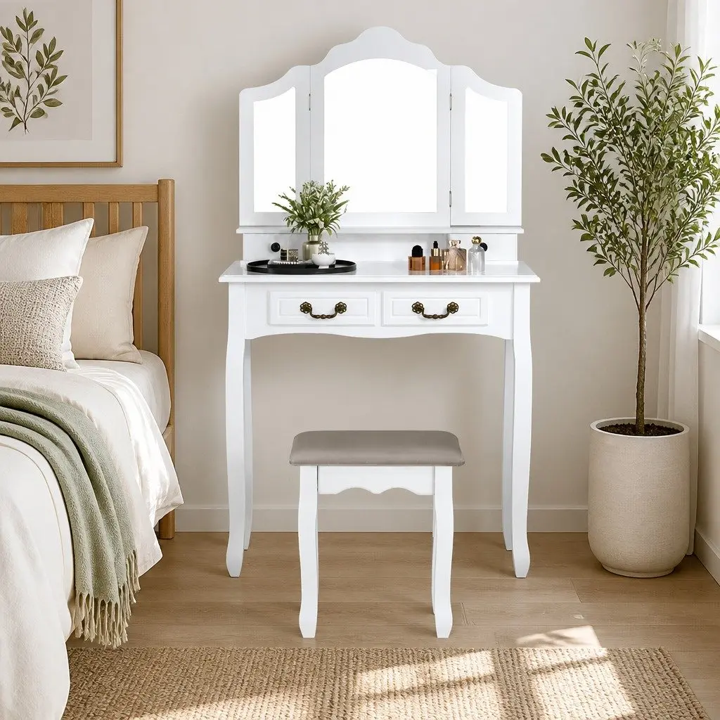Dressing Table Set Vanity Stool Foldable Mirror 79cm White
