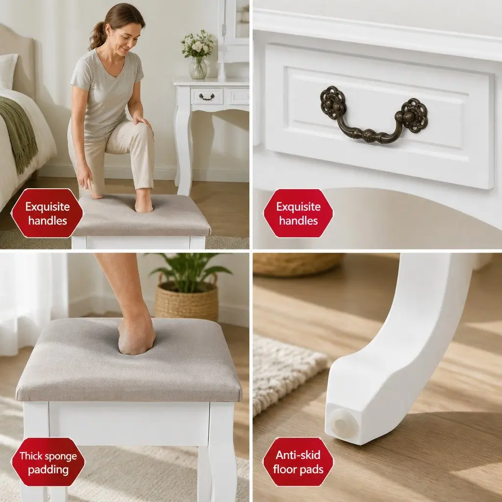 Dressing Table Set Vanity Stool Foldable Mirror 79cm White