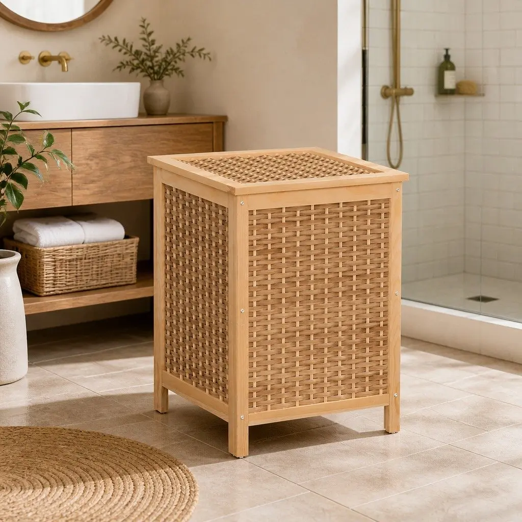 Laundry Hamper Wooden Storage Cabinet Clothes Bag 38cm x 38cm x 55cm Natural