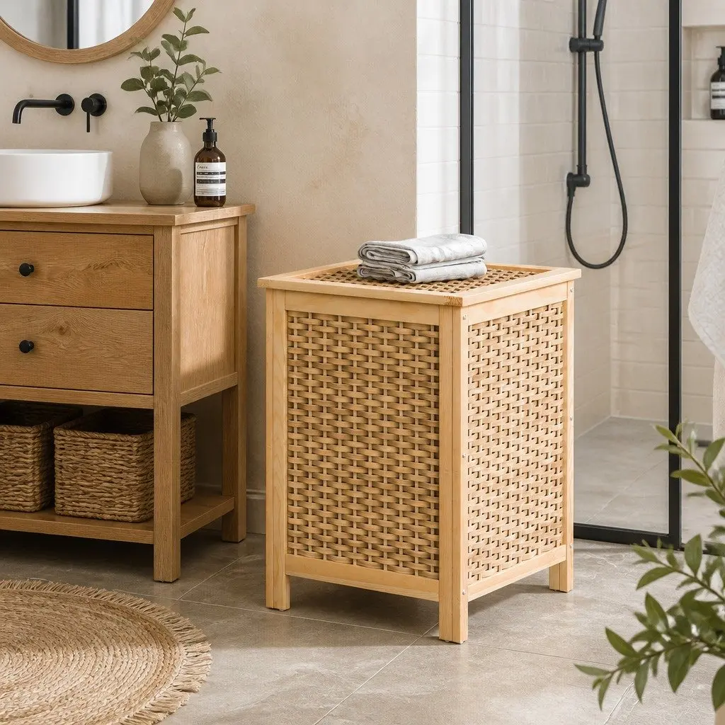 Laundry Hamper Wooden Storage Cabinet Clothes Bag 38cm x 38cm x 55cm Natural