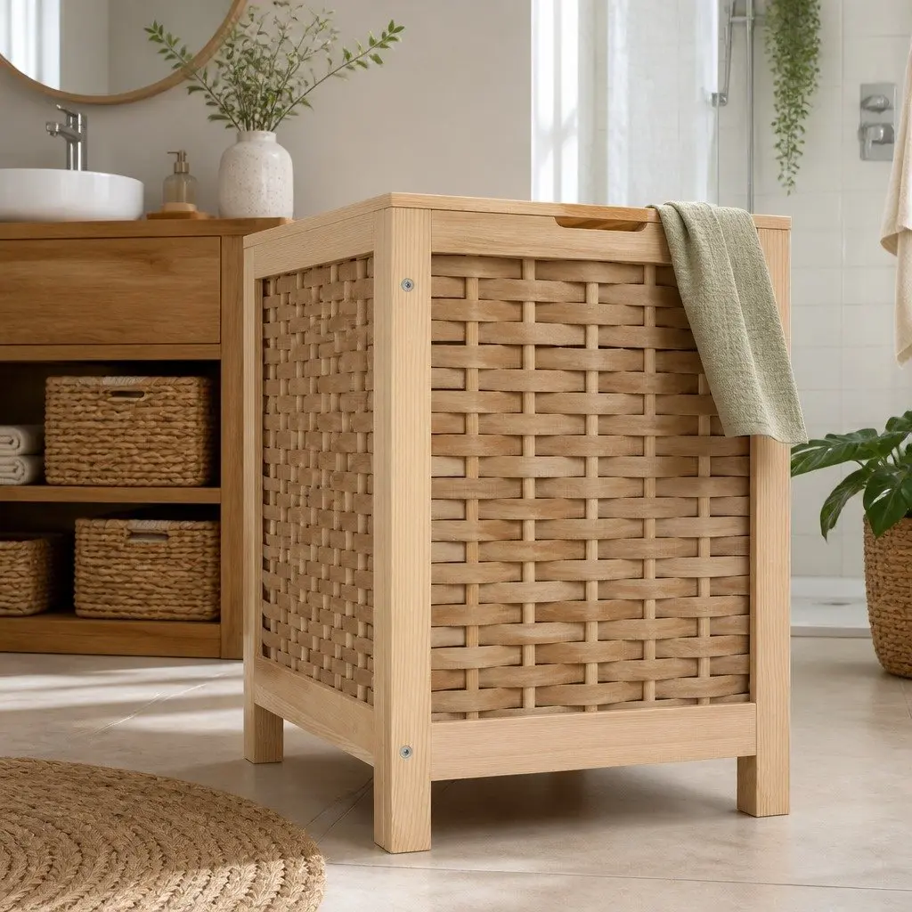 Laundry Hamper Wooden Storage Cabinet Clothes Bag 38cm x 38cm x 55cm Natural