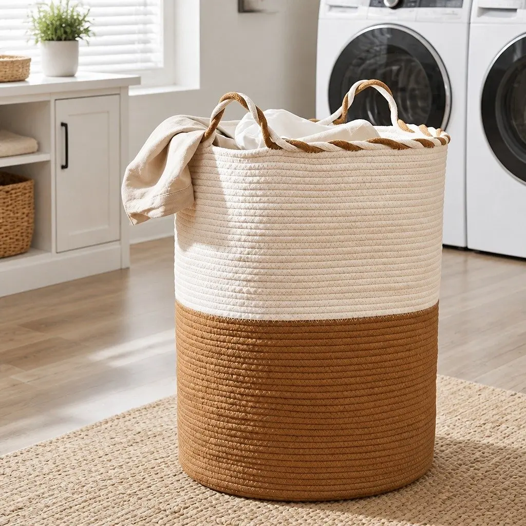 Woven Laundry Basket Storage Hamper 47L Cotton Rope Foldable White Brown