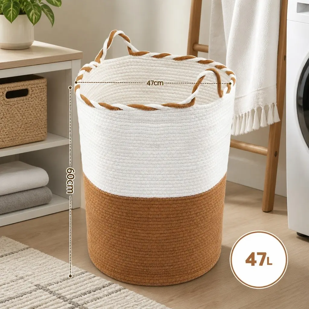 Woven Laundry Basket Storage Hamper 47L Cotton Rope Foldable White Brown