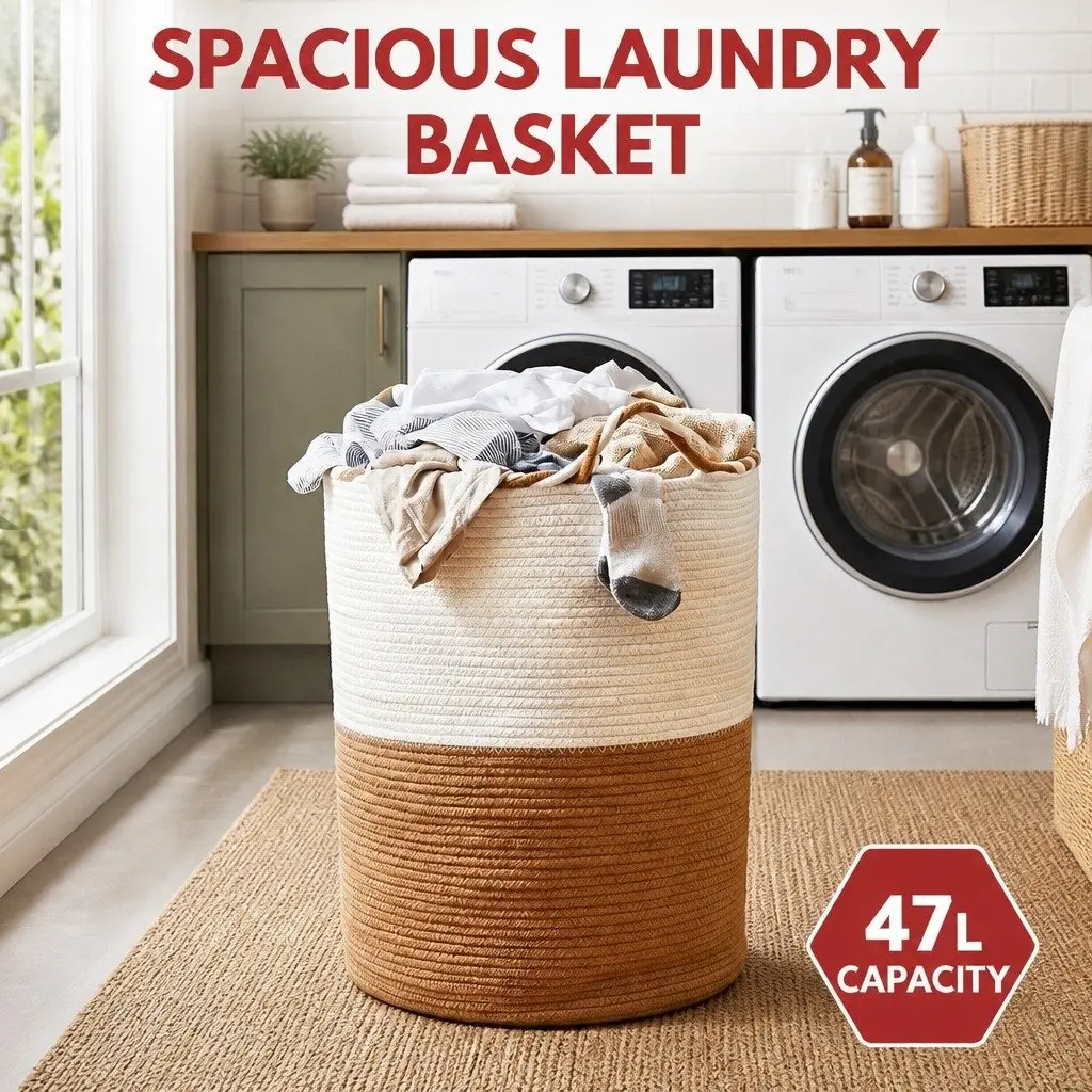 Woven Laundry Basket Storage Hamper 47L Cotton Rope Foldable White Brown