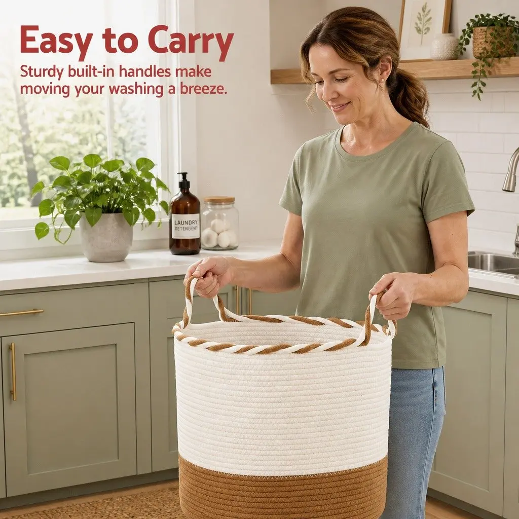 Woven Laundry Basket Storage Hamper 47L Cotton Rope Foldable White Brown