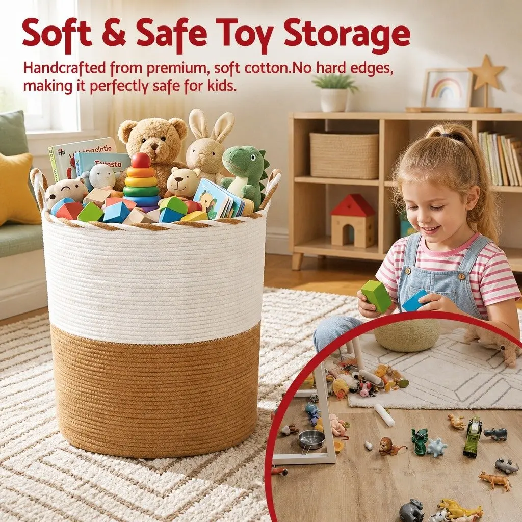Woven Laundry Basket Storage Hamper 47L Cotton Rope Foldable White Brown