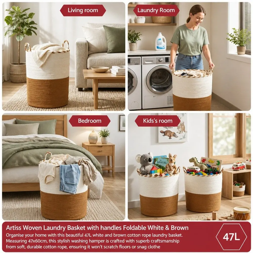 Woven Laundry Basket Storage Hamper 47L Cotton Rope Foldable White Brown
