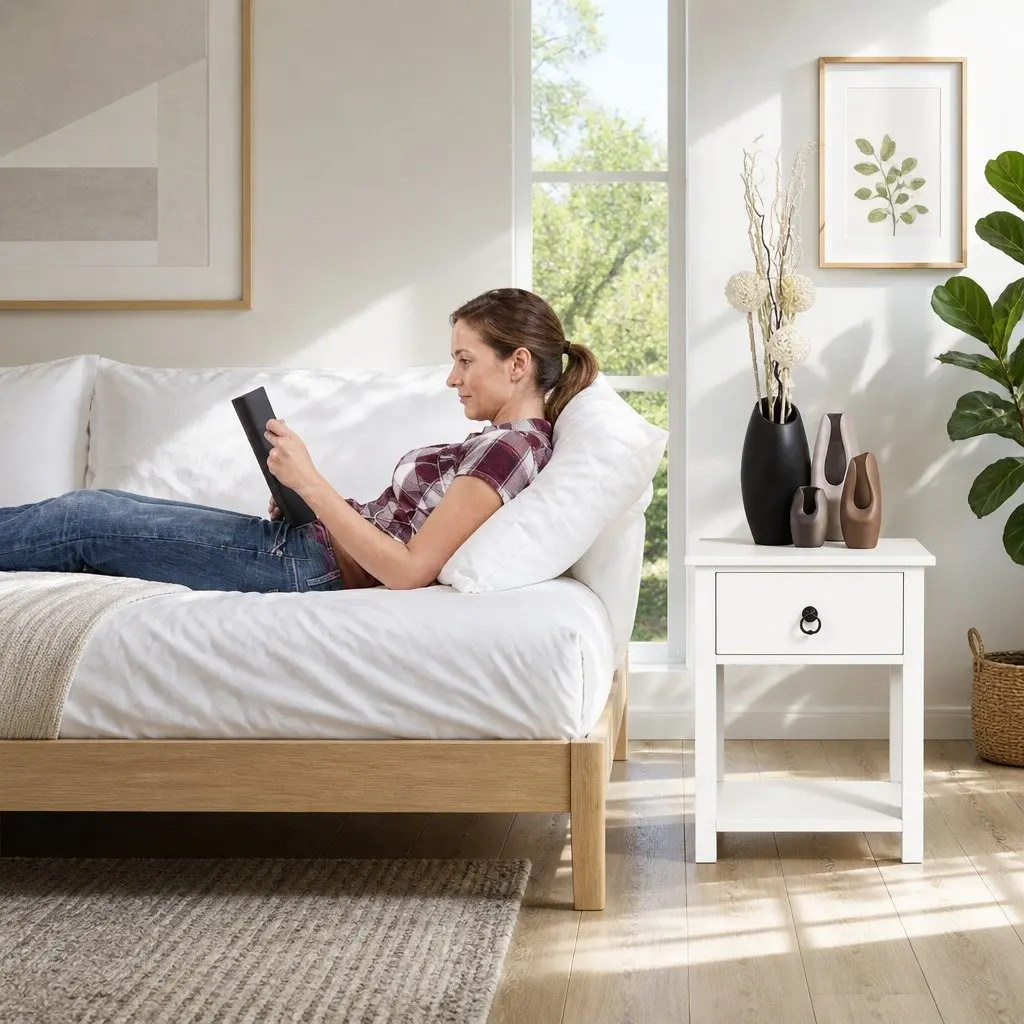White Nightstand with Drawer and Shelf