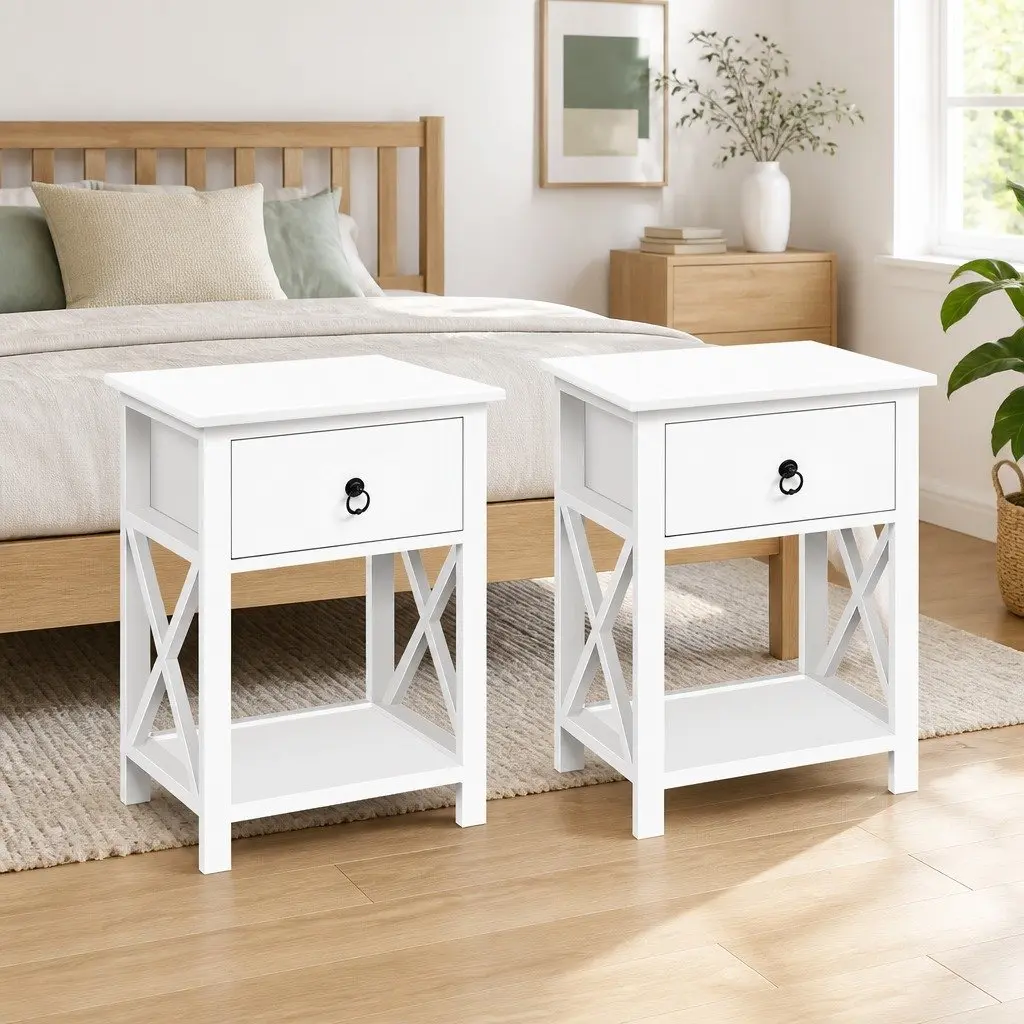 White Nightstand with Drawer and Shelf